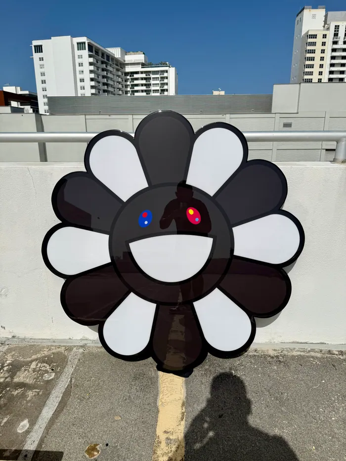 A black smiling flower with white petals in glossy epoxy on a rooftop